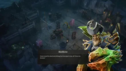 A vibrant HD wallpaper from the video game Rogue Waters, featuring a character with a striking design against a dark, intricate background of a battle scene.