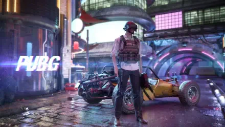 A vibrant 4K Ultra HD wallpaper from Playerunknown's Battlegrounds, featuring a character in tactical gear standing beside a colorful vehicle in a futuristic urban setting.