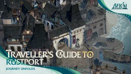 A vibrant HD wallpaper for AFK Journey, showcasing a detailed aerial view of Rustport with charming buildings and coastal elements, inviting players to explore the animated world.