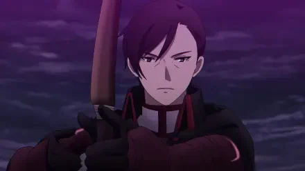 Anime HD wallpaper from The Strongest Magician in the Demon Lord's Army was a Human, featuring a determined character wielding a weapon against a dark, stormy backdrop.