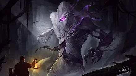 HD PC desktop wallpaper featuring a dark, shadowy creature with a glowing purple eye facing a figure holding a lantern, inspired by Ben 10 and its series iterations.