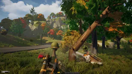 A vibrant HD wallpaper from the video game DUCKSIDE, featuring a colorful landscape with trees in autumn hues and a character near a fallen log, set against a scenic background.