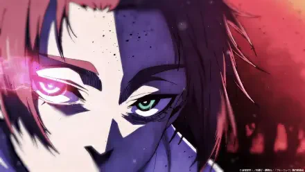 A close-up of a character from the anime Blue Lock, showcasing striking facial features and intense eyes, set against a dramatic backdrop. HD PC desktop wallpaper.