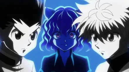 HD anime wallpaper featuring Gon Freecss, Killua Zoldyck, and Neferpitou from Hunter x Hunter with a dramatic blue-toned background.