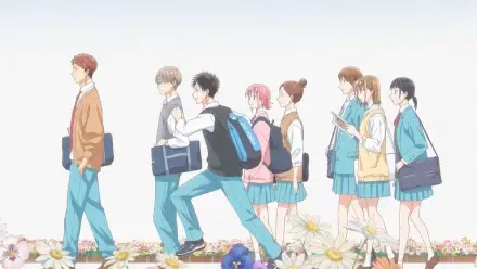 HD anime desktop wallpaper from Blue Box featuring seven high school students walking in a line over a floral background.