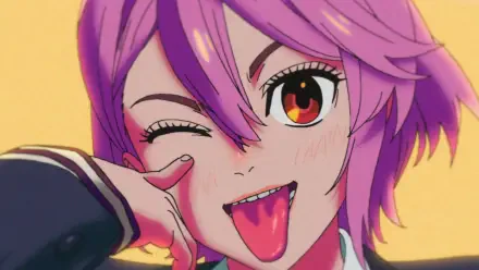 Close-up HD anime desktop wallpaper of Aira Shiratori from Dandadan, featuring her winking with a playful expression and sticking out her tongue.