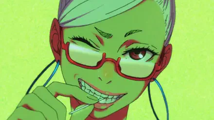 HD PC desktop wallpaper featuring Seiko Ayase from the anime Dandadan, showcasing her confident expression with red glasses against a vibrant green background.