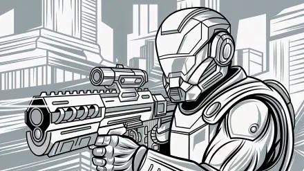 A futuristic soldier aims a sleek laser gun against a backdrop of stylized cityscape, captured in vibrant 4K Ultra HD for an engaging PC desktop wallpaper.