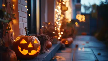 A glowing jack-o'-lantern with a cheerful face sits on a stone walkway, surrounded by Halloween decorations and warm lights, creating a festive autumn atmosphere. 4K Ultra HD wallpaper.