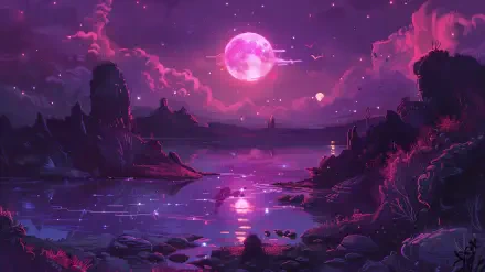 A 4K Ultra HD sci-fi landscape featuring a moonlit fantasy terrain under a glowing purple sky, with rocky formations and shimmering water reflections.