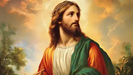 A serene HD desktop wallpaper featuring Jesus, portrayed with flowing hair and robes, set against a glowing sky, embodying a sense of peace and spirituality.