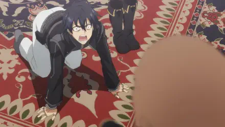 An expressive anime character from Let This Grieving Soul Retire! crawls on a decorated rug, displaying intense emotions, creating a captivating HD desktop wallpaper.