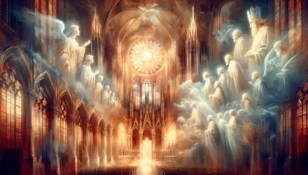 A stunning 4K Ultra HD wallpaper depicting a heavenly scene with ethereal beings, illuminated by a radiant light in a grand, gothic-style cathedral.