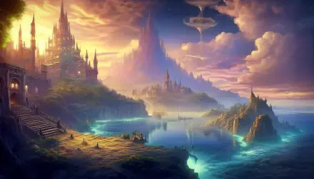 A stunning HD fantasy landscape of a kingdom at sunset, featuring majestic castles atop cliffs overlooking a glowing, mystical river under a vibrant sky.