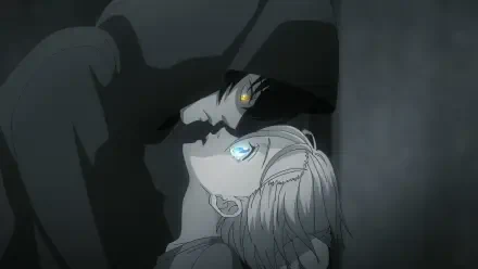 A captivating HD anime wallpaper featuring a moment between characters from Nina the Starry Bride, showcasing a dramatic kiss in a shadowy setting.