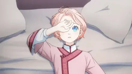 A character from Nina the Starry Bride, depicted in a serene HD anime wallpaper, gazes thoughtfully while resting on a bed, hands framing their face.