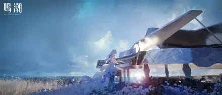 A serene scene from the video game Wuthering Waves featuring the Shorekeeper playing a grand piano, set against a tranquil backdrop with blue skies and delicate flowers.