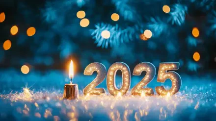 A festive HD background featuring the illuminated numbers 2025 alongside a lit candle and a backdrop of blurred lights, celebrating the New Year in a vibrant, wintry setting.