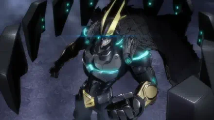 Anime HD PC desktop wallpaper: Armored All Might from My Hero Academia, glowing cyan-trimmed power armor towering amid dark, ruined cityscape.