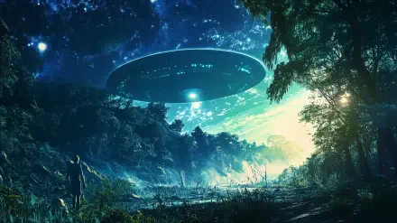 A 4K Ultra HD sci-fi wallpaper depicting a glowing UFO hovering above a forest under a starry night sky, capturing an intense alien encounter.