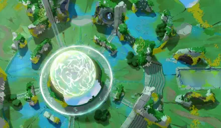 Vibrant HD desktop wallpaper featuring a captivating landscape from the video game Supervive, showcasing lush greenery and a mystical orb radiating energy.