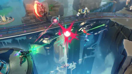 A dynamic scene from the video game Supervive, featuring vibrant laser beams and futuristic characters engaged in action on a high-tech environment, designed as a 4K Ultra HD wallpaper.