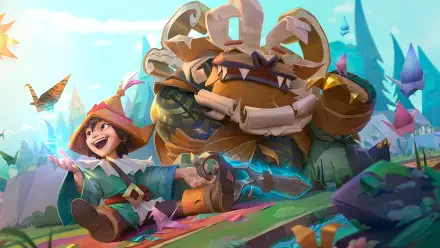 A vibrant 8K Ultra HD wallpaper featuring Nunu from League of Legends, joyfully playing alongside his large, friendly companion in a colorful, whimsical environment.