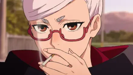 HD anime desktop wallpaper featuring Seiko Ayase from Dandadan, depicted with short white hair, red glasses, and a cigarette in hand.
