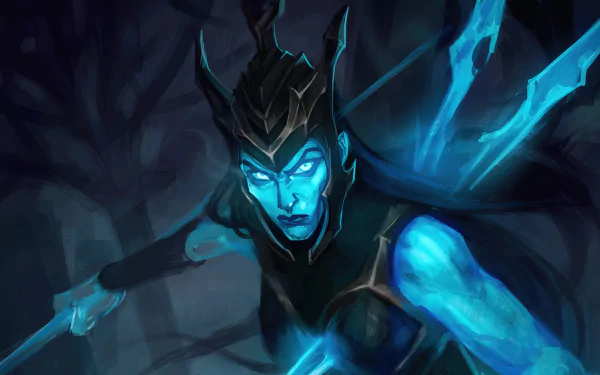 Digital wallpaper featuring Kalista from League of Legends, portrayed with striking blue hues and an intense expression, set against a dark, shadowy background.