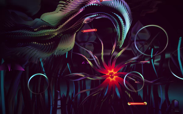 A vibrant HD wallpaper from the video game Thrasher (2024), featuring a dynamic creature intertwined with abstract shapes and glowing elements in a dark environment.