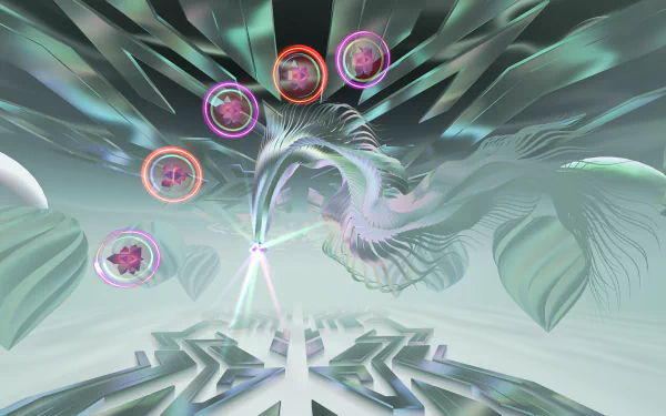 A captivating HD desktop wallpaper for the video game Thrasher (2024), featuring abstract shapes, vibrant colors, and dynamic elements that evoke a futuristic atmosphere.