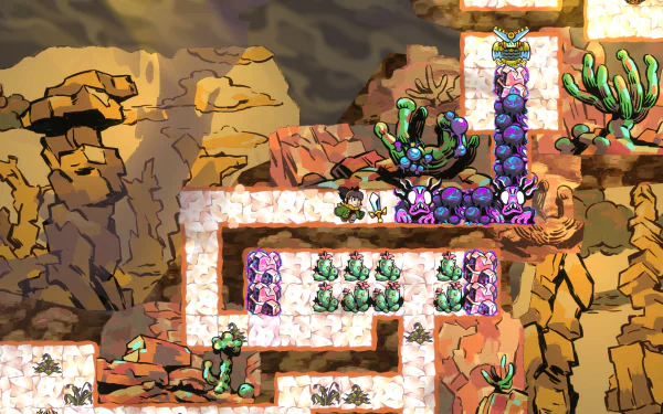 A vibrant HD desktop wallpaper featuring gameplay from Arranger: A Role-Puzzling Adventure, showcasing colorful puzzles and unique characters in a dynamic, rocky environment.