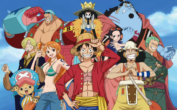 4K Ultra HD One Piece anime wallpaper featuring the main Straw Hat Pirates crew posing together against a blue sky background.