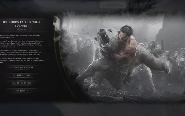 High-definition desktop wallpaper featuring scenes from the video game Frostpunk 2, showcasing the game's unique art style and atmospheric elements.