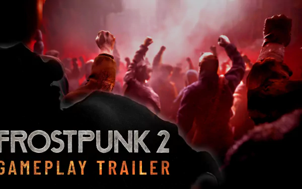 A striking HD desktop wallpaper featuring scenes from the video game Frostpunk 2, showcasing its unique post-apocalyptic environment and intricate visuals.