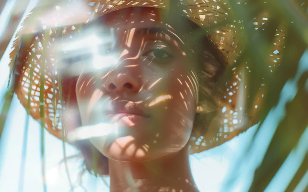 Aesthetic HD wallpaper featuring a woman with a straw hat, captured in soft summer light, surrounded by natural elements, evoking warm, summer vibes.