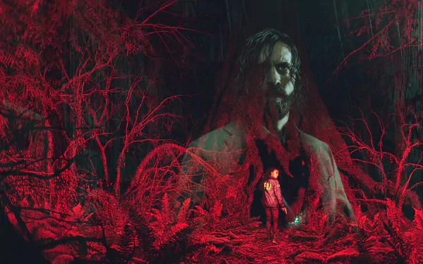 Alan Wake 2 4K Ultra HD PC desktop wallpaper: towering spectral Alan in a shadowed red forest, a small illuminated figure standing at his chest amid tangled branches.