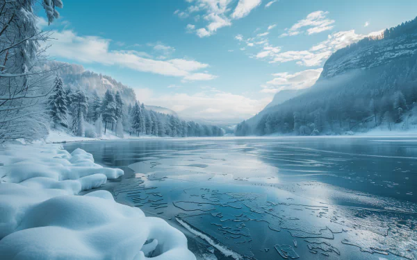 A serene frozen lake reflects the sky above, surrounded by snow-covered mountains, creating a tranquil and picturesque HD desktop wallpaper.