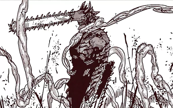 Black-and-white manga-style illustration of Denji from Chainsaw Man with chainsaw arms and dynamic, jagged lines, designed as a 4K Ultra HD PC desktop wallpaper.