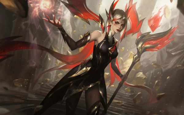 LeBlanc from League of Legends stands confidently in this HD wallpaper, showcasing her striking black and red attire with magical elements swirling around her.