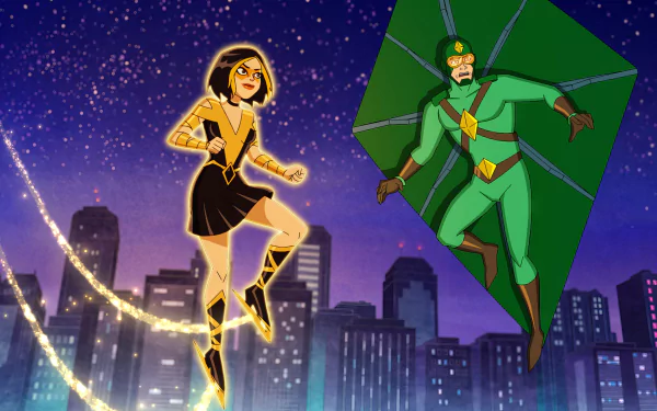 A vibrant HD desktop wallpaper from the TV show Kite Man: Hell Yeah! featuring two animated characters in a cityscape, engaged in an action-packed scene against a starry night sky.