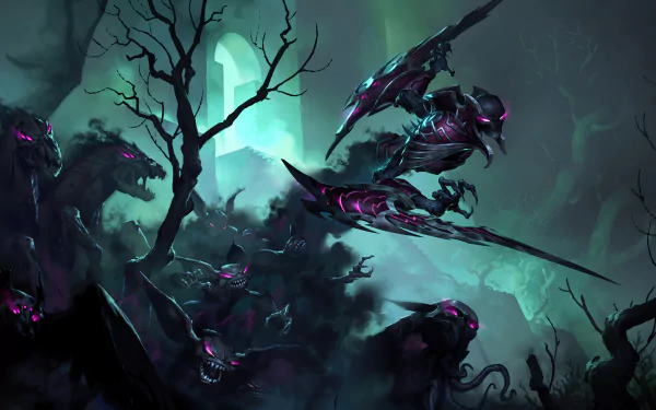 An HD desktop wallpaper featuring Nocturne from League of Legends, set against a dynamic backdrop inspired by the video game Legends of Runeterra.