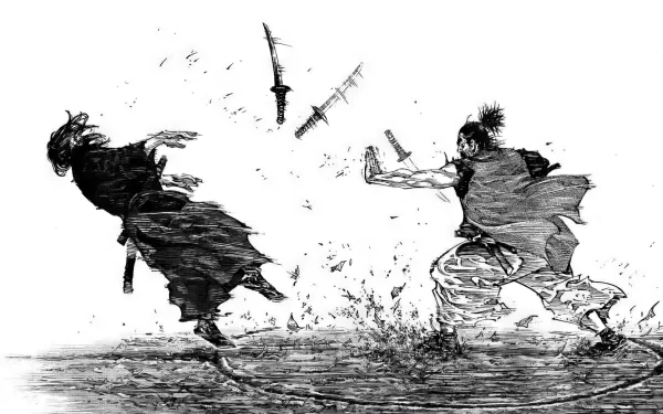 HD desktop wallpaper featuring Miyamoto Musashi from the anime and manga series Vagabond. A dynamic and engaging background for fans of the series.