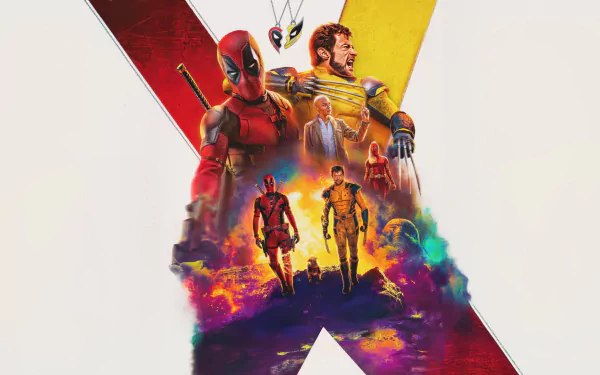 A vibrant 4K Ultra HD desktop wallpaper featuring Deadpool and Wolverine amidst dramatic colors and iconic characters, showcasing their dynamic partnership in an action-packed setting.