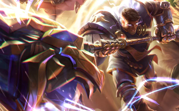 An HD desktop wallpaper featuring Jayce from League of Legends, showcasing him in an action-packed pose surrounded by dynamic energy and intricate details.