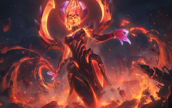 HD wallpaper featuring Karma from League of Legends, surrounded by fiery elements, showcasing her powerful presence in a dramatic, vibrant setting.