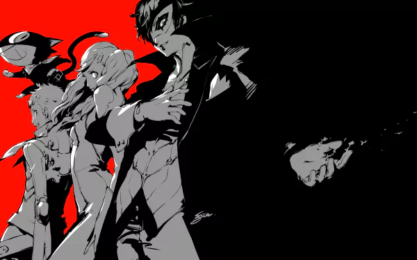 Persona 5 Royal 4K Ultra HD PC desktop wallpaper: stylized black-and-red illustration of masked Phantom Thieves in sleek costumes, high-contrast silhouettes against a split red and black background.