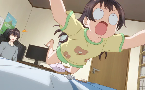 Anime HD wallpaper of Yuki Suou from Alya Sometimes Hides Her Feelings in a lively scene with expressive poses in a bedroom setting.