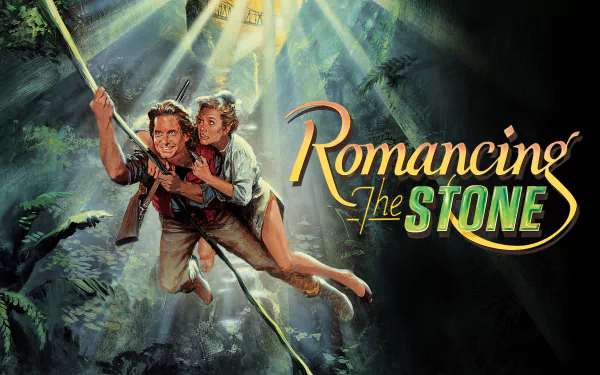 Romancing the Stone HD PC desktop wallpaper: two adventurers swing on a vine through a sunlit jungle, the movie logo displayed prominently to the right.