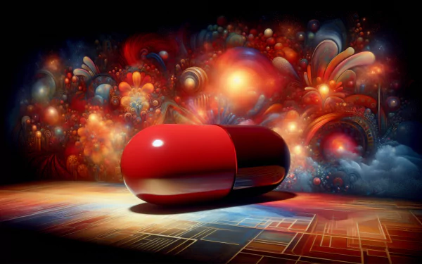 A striking HD desktop wallpaper featuring a prominent red pill against a vibrant, abstract background of colorful shapes and patterns, creating an engaging visual experience.
